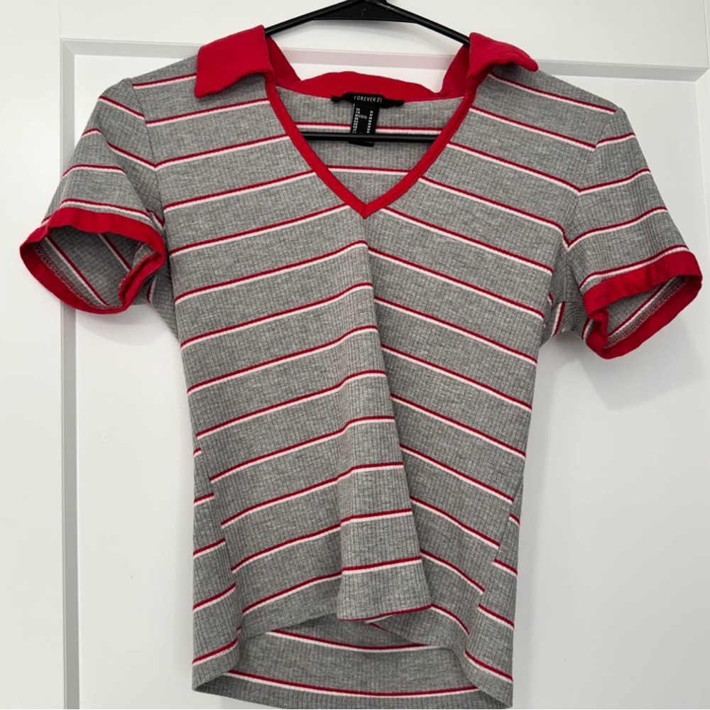Striped V-Neck Top - Red and Gray